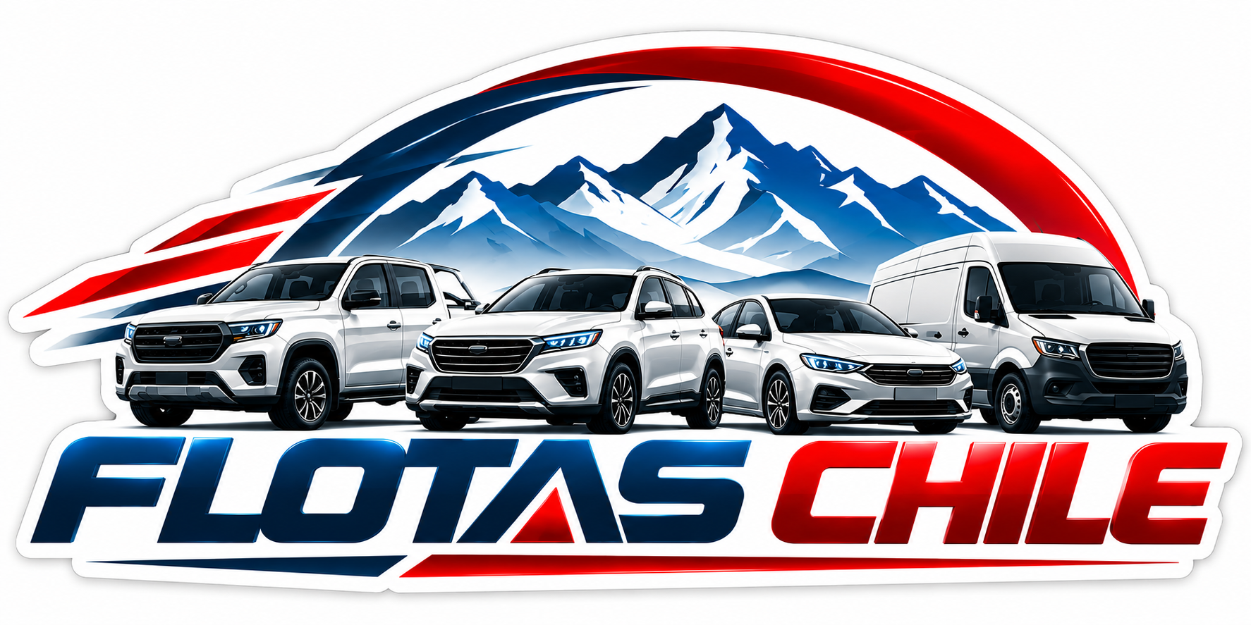 Emblema Flotas Chile con camioneta, SUV, automóvil, furgón y la cordillera de los Andes